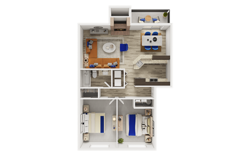 A top-down view of a house layout with a kitchen, living room, and two bedrooms.